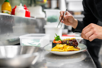 A chef meticulously garnishes a beautifully plated meal, showcasing the artistry of culinary presentation