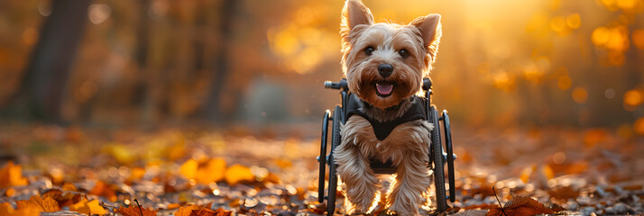 Disabled Dog in a Wheelchair Walks in the Park,
Close walk with terrier dogs in the autumn park dog walking service
 - obrazy, fototapety, plakaty