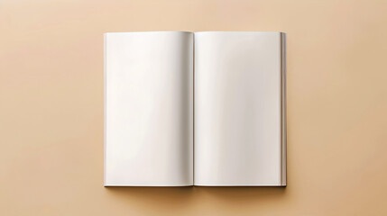Blank open book on a beige background. Perfect for design mockups. Simple and clean style. Ideal for presentations and marketing materials. AI