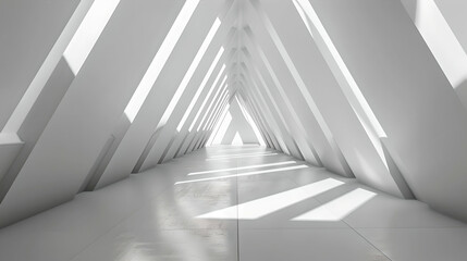 Obraz premium Minimalist white room with geometric shapes and light patterns. Futuristic architecture and design. A modern indoor perspective for creative projects. AI