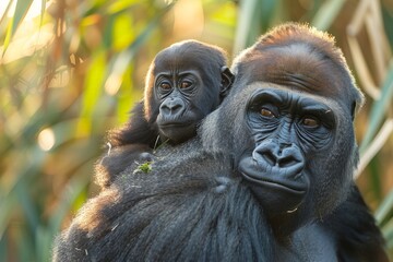 Obraz premium A captivating close-up shot of a gorilla amidst lush greenery, highlighting the intricate details of its fur and thoughtful expression