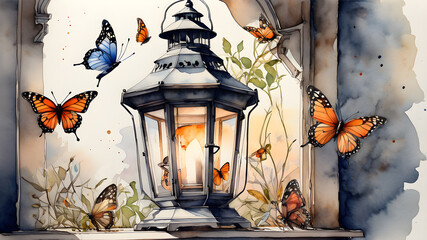 butterflies flutter around a vintage lantern. watercolor illustration