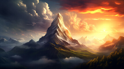 An isolated mountain peak, shrouded in clouds, with the rising sun casting an ethereal glow. - obrazy, fototapety, plakaty