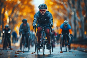 A hand-cyclist with determination shows strength and athleticism competing in a marathon on an autumn day