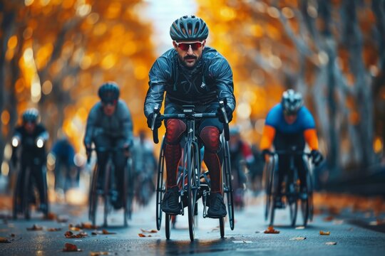 A hand-cyclist with determination shows strength and athleticism competing in a marathon on an autumn day - Powered by Adobe