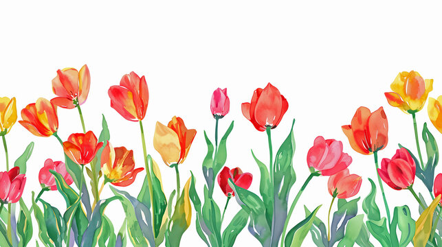 Watercolor tulips blooming, vibrant spring flowers painting. Hand-drawn floral art, ideal for decor and celebrations. Serene nature scene. AI