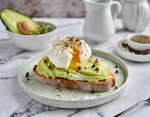 An open-faced sandwich on sourdough bread, topped with mashed avocado, a perfectly poached egg, and sprinkled with chili flakes and black pepper, set on a marble kitchen countertop in soft morning 