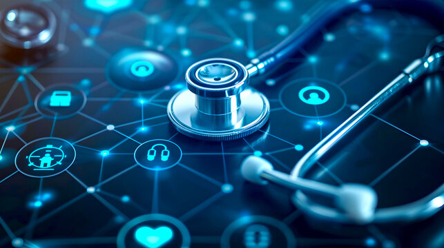 Modern Healthcare Concept with a Stethoscope and Digital Interface. Cyber Medicine and Technology in Diagnosis. Medical Innovation and Equipment. AI