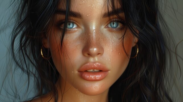 a close up of a woman's face with frecks of water on her face and her hair blowing in the wind.