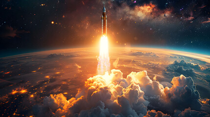 A rocket taking off from earth with flames coming out, symbolizing the excitement of space exploration and technological progress.