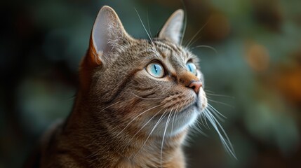 a close up of a cat's face with a blurry background and a blurry tree in the background.