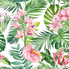 Fotobehang Tropical palm leaves and flowers Seamless pattern. Floral background watercolor hand drawing, Jungle patterns, wallpaper © Hanna