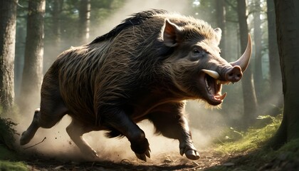 A-Fierce-Boar-Charging-Through-A-Forest-Its-Tusks-