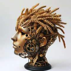 A mechanical head with golden gears and wires super realistic