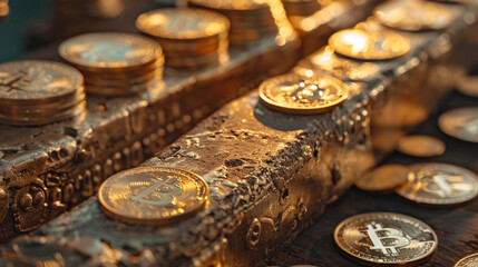 In a symbolic representation of modern finance, gold bitcoin coins rest on timeless ingots, illustrating the dynamic interplay between cryptocurrency and traditional economic values.