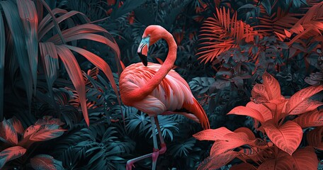 pink flamingo in the jungle, infrared green black, in the style of narrative-driven visual storytelling, lo-fi aesthetics, dark orange and red
