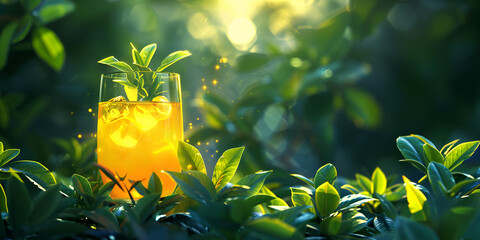 Orange juice in a glass on the background of green leaves and flowers nature background - obrazy, fototapety, plakaty
