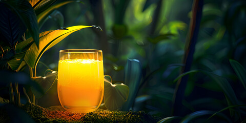 Orange juice in a glass on the background of green leaves and flowers nature background - obrazy, fototapety, plakaty