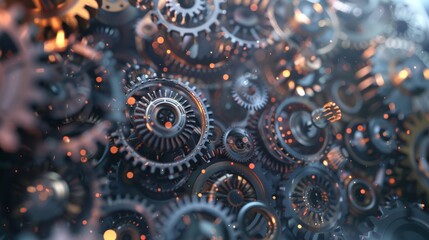 A digital landscape of interconnected cogs turning in perfect harmony