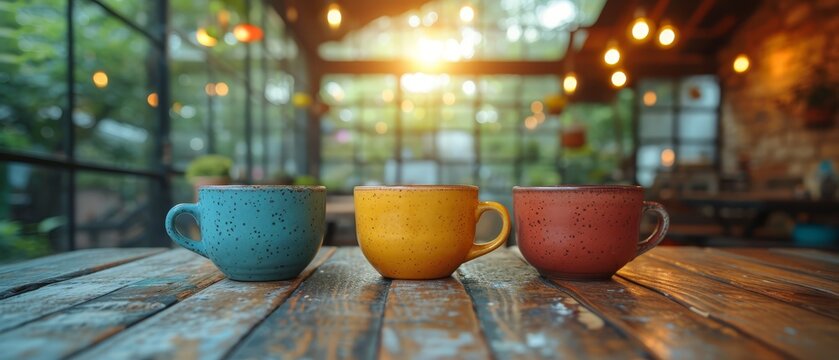three cups sitting on top of a wooden table in front of a glass building with the sun shining through the windows.
