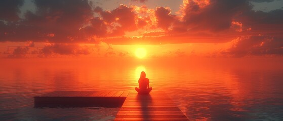 a person sitting on a dock in the middle of a body of water with the sun setting in the background.