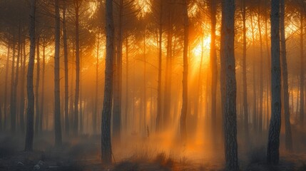 A fiery sunrise sets the mist aglow in a pine forest, creating a scene of breathtaking beauty and stillness.