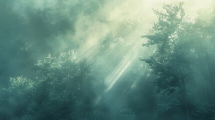 Sunrays slice through the swirling mist, casting a haunting yet beautiful light over the dense forest trees.