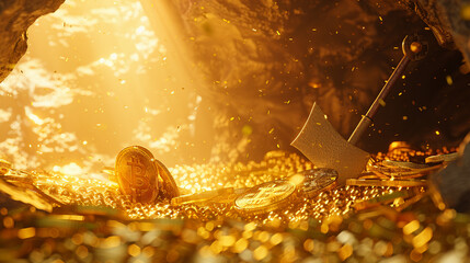 In this imaginative 3D depiction, a pickaxe rests in a golden cave, surrounded by Bitcoin coins, illustrating the modern-day digital gold rush in the mysterious world of cryptocurrency mining. - obrazy, fototapety, plakaty