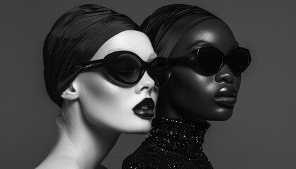 Glamor style of two women with glasses, black and white woman in feelings. Sexy image of beautiful model girls with hairstyles. - obrazy, fototapety, plakaty