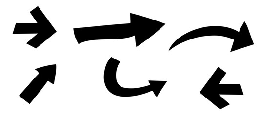 Brush stroke arrows. Rough paintbrush marks different shapes, messy paint splatter textures, hand drawn graffiti pointers. Vector isolated set of arrow brush grunge illustration.