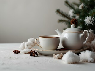 Obraz na płótnie Canvas Cozy Winter Teatime: A Beautiful Scene with White Copy Space