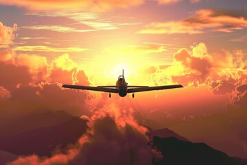 A fighter plane soaring through a fiery sunset