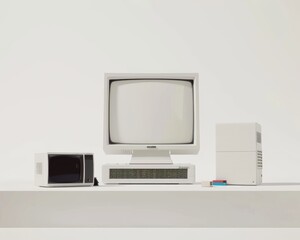 Old computer on a clean white desk minimalist design highlighting technology evolution