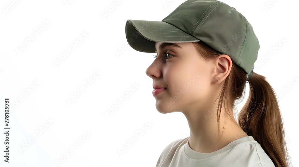 Poster Profile View of a Young Woman in a Baseball Cap, Casual Style. Perfect for Lifestyle and Apparel Marketing. AI