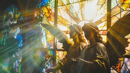 Sunrise hues through a stained glass window angelic figures bathed in light - obrazy, fototapety, plakaty