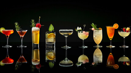 On a striking black background, an array of various cocktails is displayed, from classic to contemporary, each with its unique garnish and hue - obrazy, fototapety, plakaty