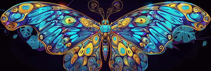 Colourful 3D art style butterfly with vibrant hues and intricate details on the black background