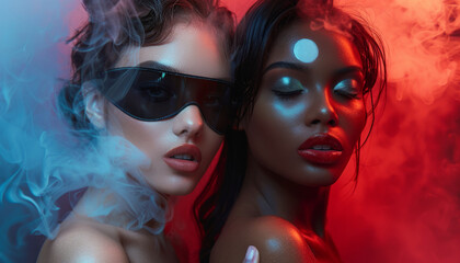 Glamorous style of two sexy women with blindfolds. Sexy image of beautiful model girls in love. - obrazy, fototapety, plakaty