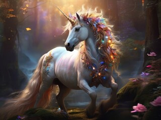 Obraz na płótnie Canvas Magical white Unicorn in the forest