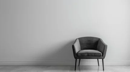 Poster Modern minimalist interior with an elegant black chair against a white wall. Stylish furniture design in a contemporary setting. Ideal for modern home decor. AI © Irina Ukrainets