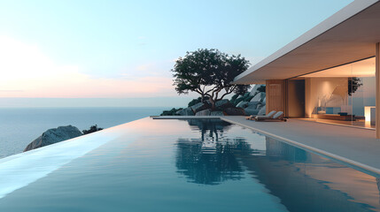 A minimalist villa, with infinity pool blending into the horizon as the background, during a clear day