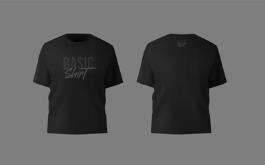 Basic black male t-shirt realistic mockup. Front and back view. Blank textile print template for fashion clothing.