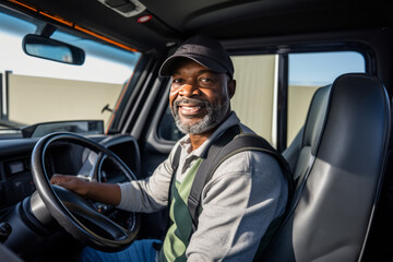 Black man working as a truck driver smiling sitting in the cab of the truck during a break in his travel route. Truck drivers and road work.