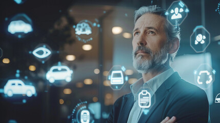 A businessman among a range of insurance icons - from auto to family, and health to life - showcasing his expertise in providing holistic insurance solutions tailored to diverse needs.