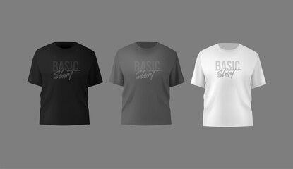 Basic male t-shirt realistic mockup. Front and back view. Blank textile print template for fashion clothing.