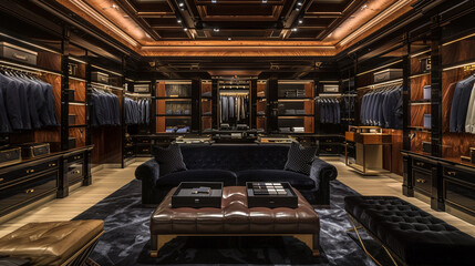 The interior of this high-end men's store is defined by a sleek black sofa, offering a comfortable and stylish space amid the upscale garments, showcasing the epitome of male fashion luxury. - obrazy, fototapety, plakaty