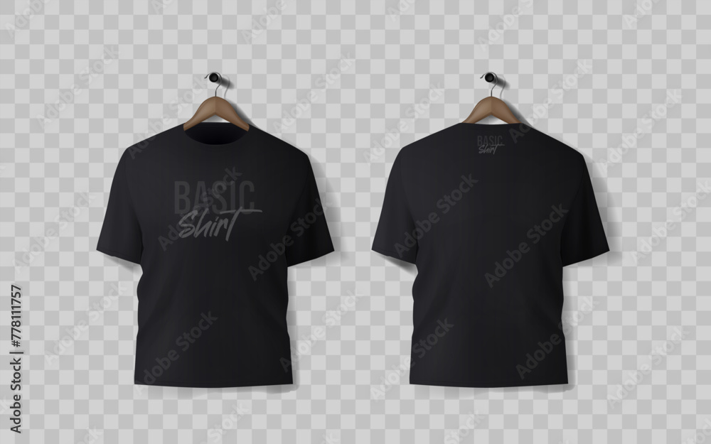 Wall mural Basic black male t-shirt realistic mockup. Front and back view. Blank textile print template for fashion clothing.