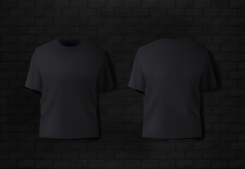 Basic black male t-shirt realistic mockup. Front and back view. Blank textile print template for fashion clothing. - obrazy, fototapety, plakaty