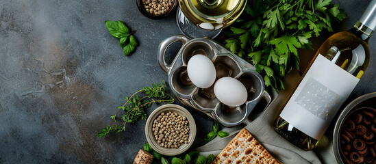 Pesah,Passover holiday easter composition card silver kearah, bottle of wine, matzo,egg, greens traditional Jewish Passover dishes.warm cozy soft evening light,cinematic atmospheric style,holiday mood