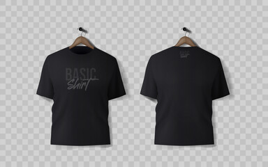Basic black male t-shirt realistic mockup. Front and back view. Blank textile print template for fashion clothing. - obrazy, fototapety, plakaty
